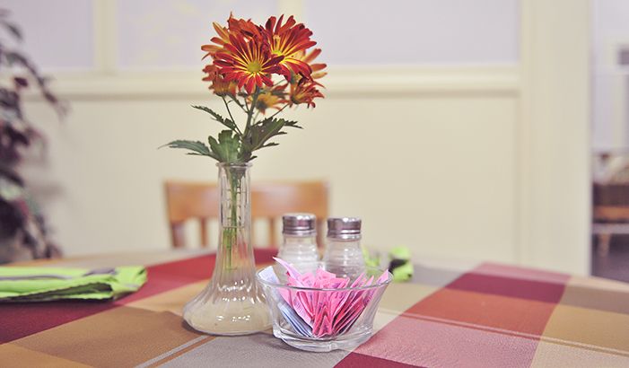 A dining table set with flowers and a checked runner